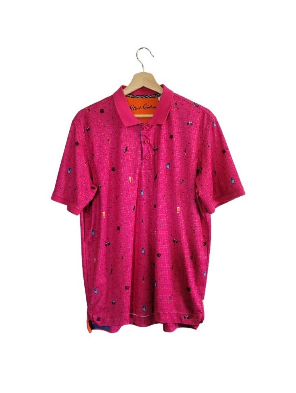 ROBERT Graham Craft Beer Print Polo Shirt Mens L/G Pink Classic Fit Golf